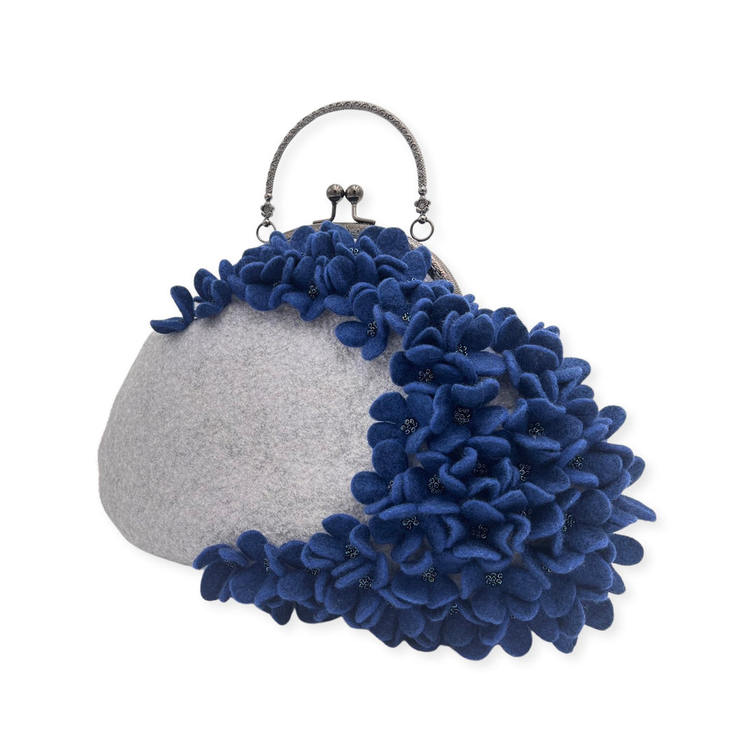 Royal Blue & Gray Victorian Style Floral Large Wool Bag
