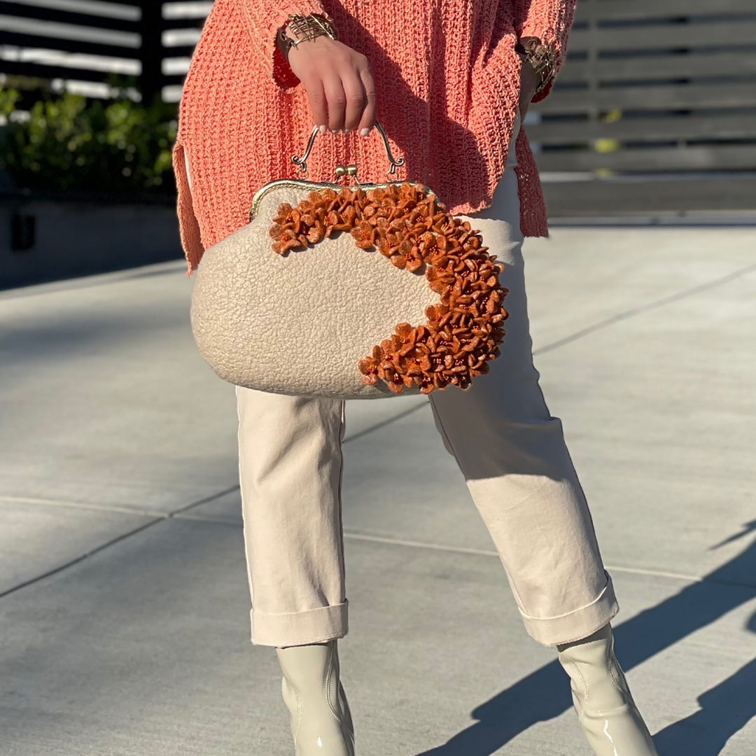 Burnt Orange & Creme Victorian Style Floral Wool Bag
