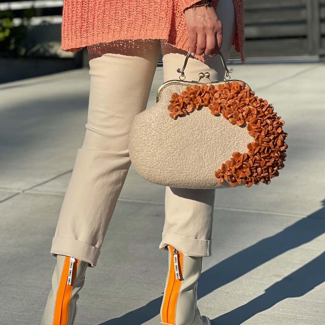 Burnt Orange & Creme Victorian Style Floral Wool Bag