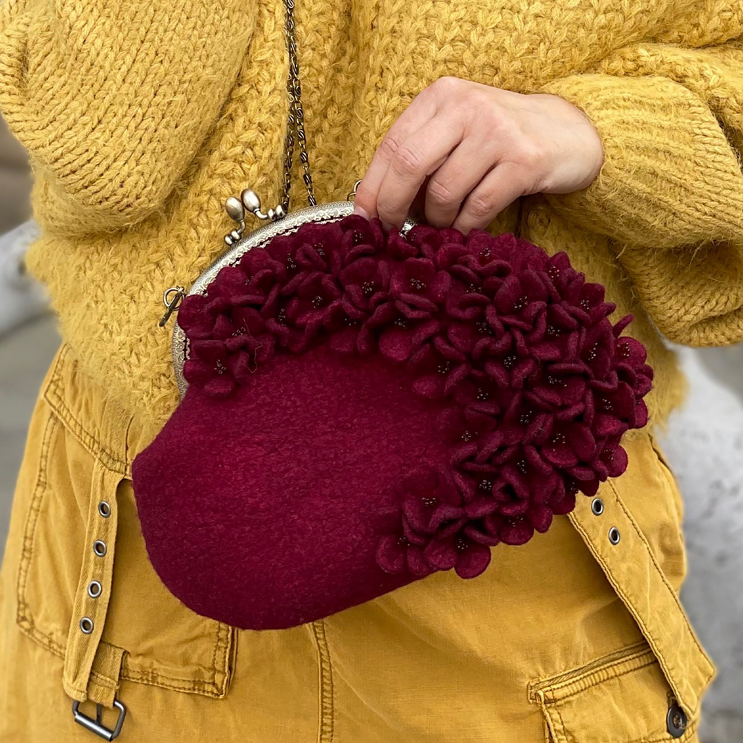 Wine Red Victorian Style Floral Wool Crossbody